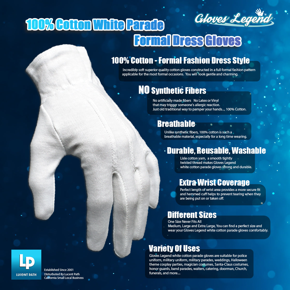 Size Medium - 3 Pairs (6 Gloves) Gloves Legend 100% White Cotton Marching Parade Formal Dress Gloves