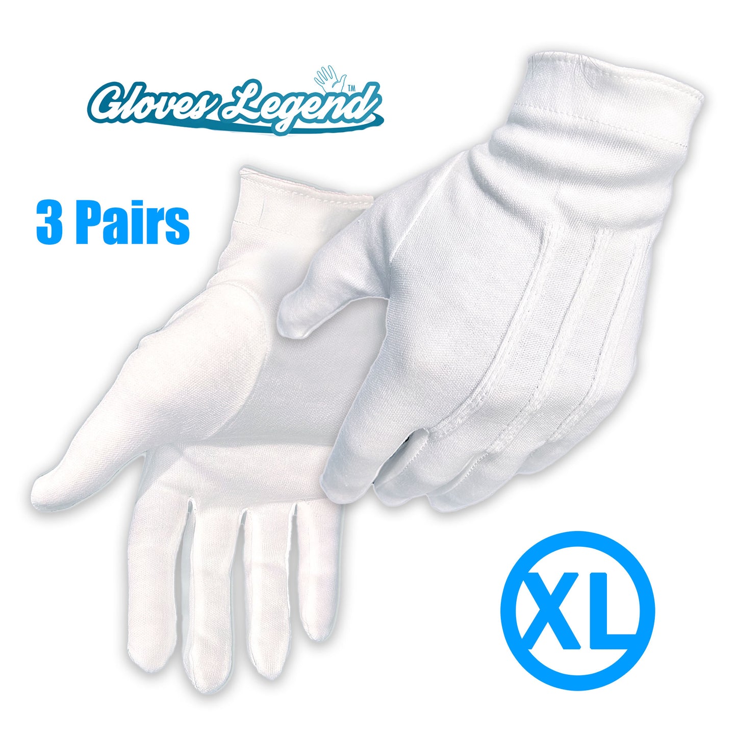 Size Extra Large - 3 Pairs (6 Gloves) Gloves Legend 100% White Cotton Marching Parade Formal Dress Gloves