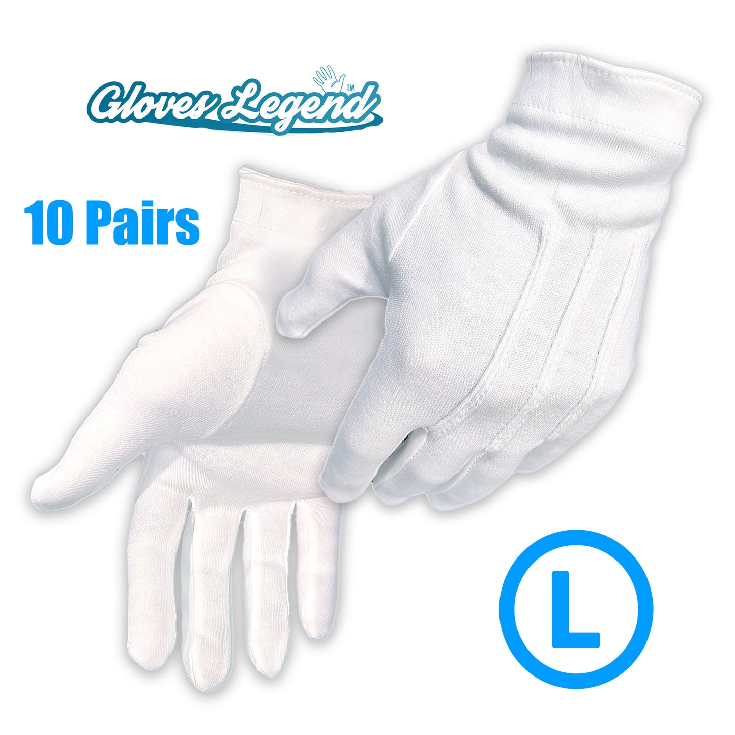 Size Large - 10 Pairs (20 Gloves) 100% White Cotton Marching Parade Formal Dress Gloves