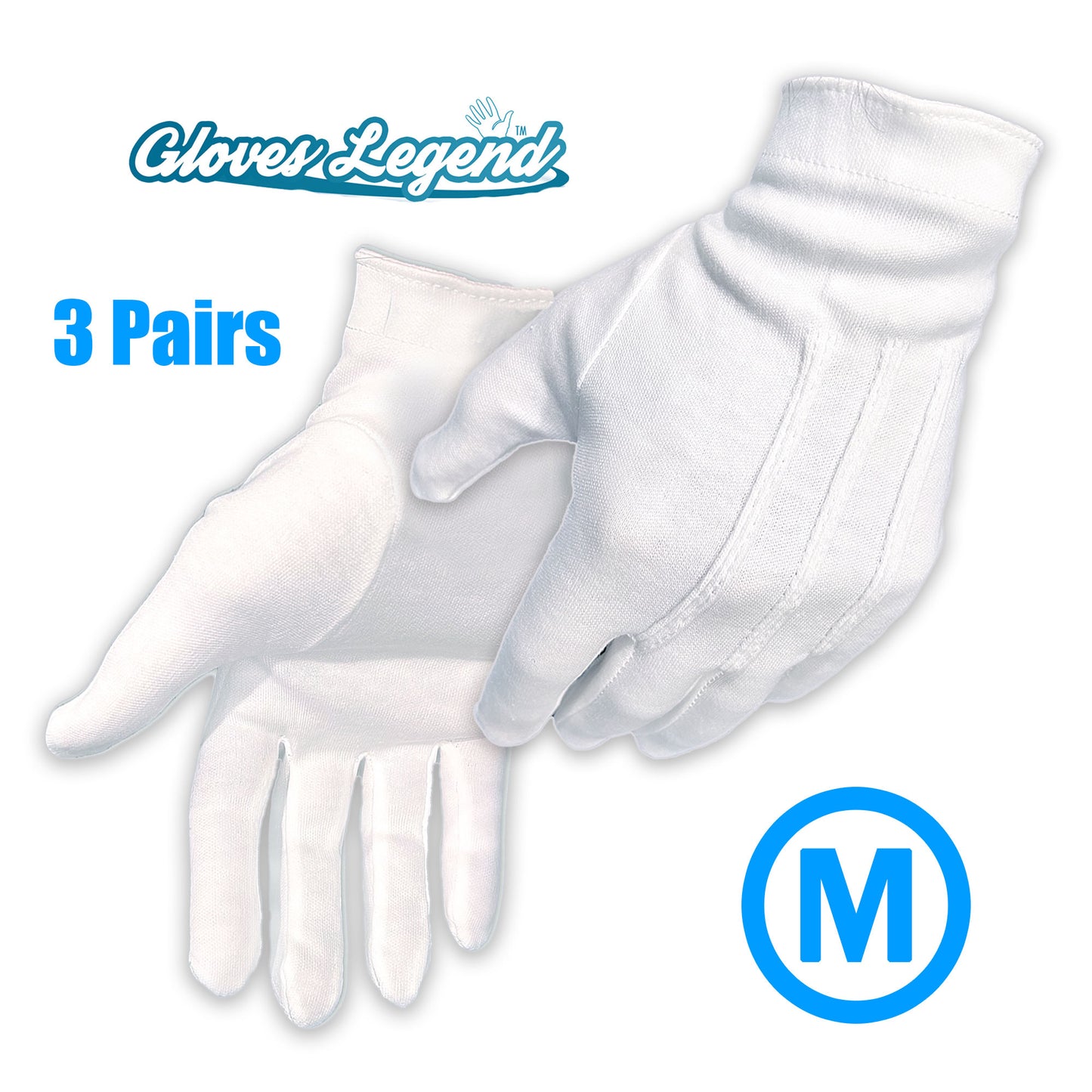 Size Medium - 3 Pairs (6 Gloves) Gloves Legend 100% White Cotton Marching Parade Formal Dress Gloves