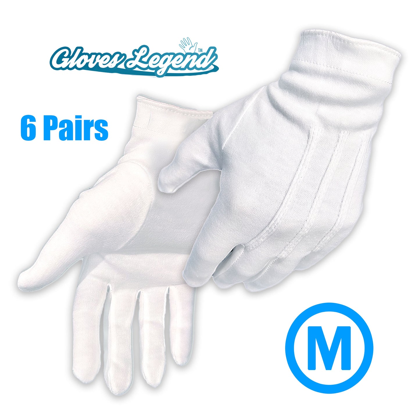Medium - 6 Pairs (12 Gloves) Gloves Legend 100% White Cotton Marching Parade Formal Dress Gloves