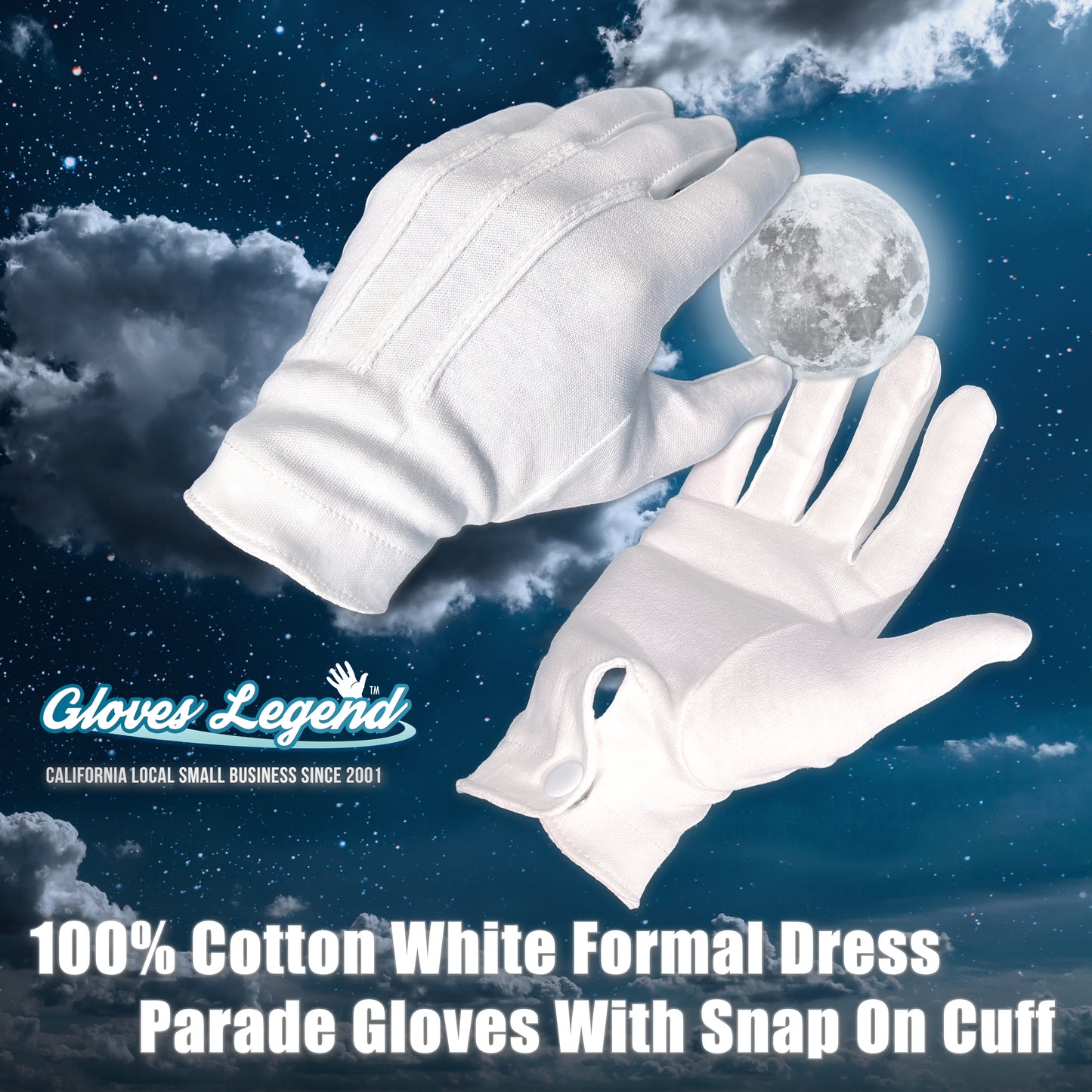 1 Pair (2 Gloves) Size Large - Gloves Legend 100% White Cotton Marching Parade Formal Dress Gloves With Snap On Cuff