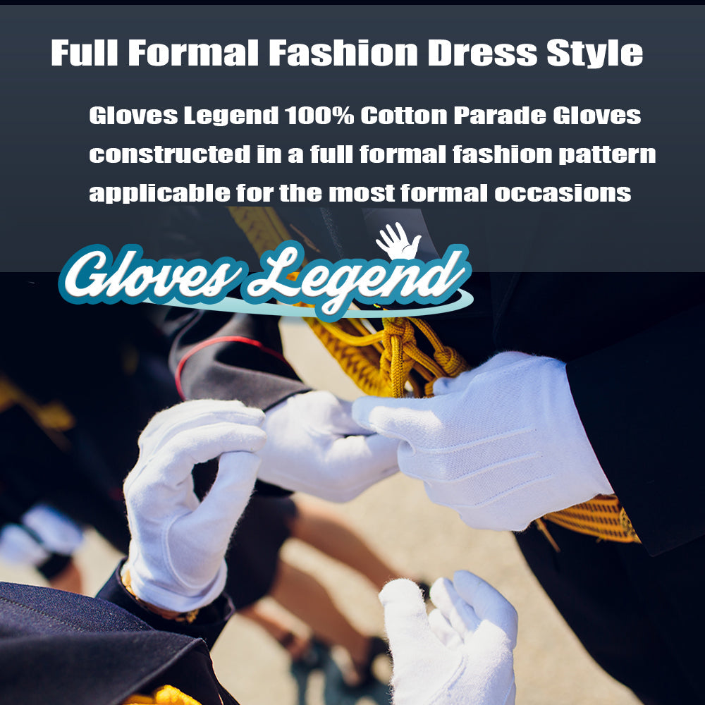 3 Pairs (6 Gloves) Size Large - Gloves Legend 100% White Cotton Marching Parade Formal Dress Gloves With Snap On Cuff