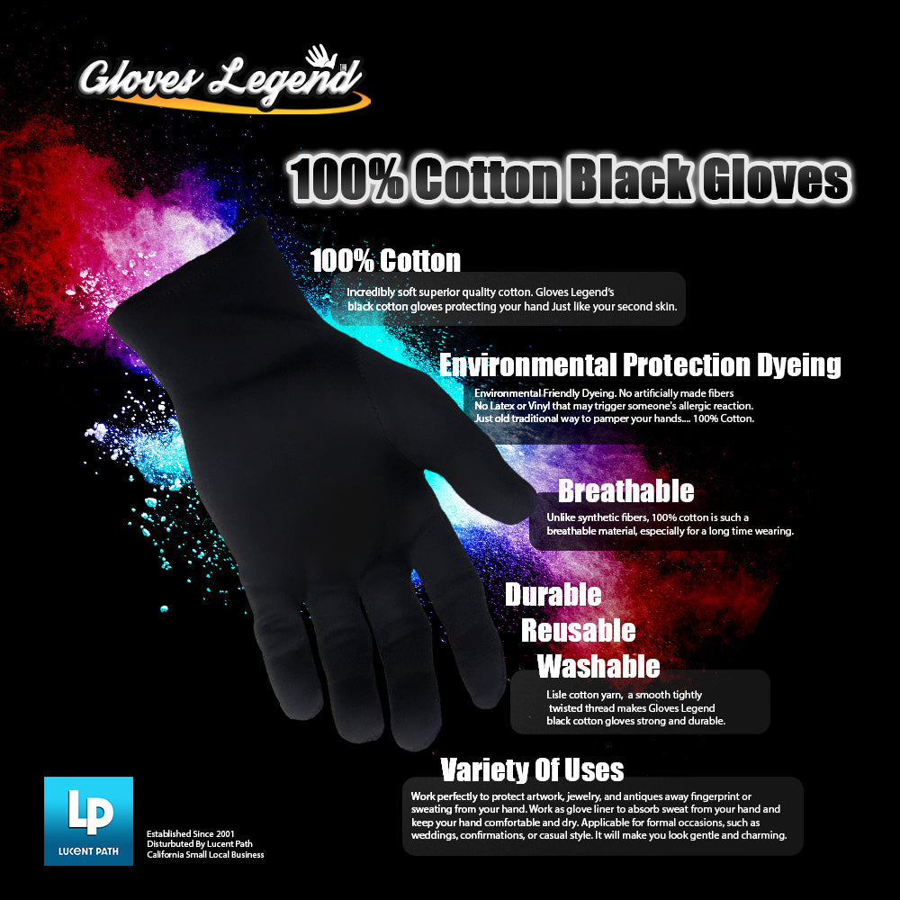 Size Large - 24 Pairs Black 100% Cotton Parade Fashion Inspection Lisle Gloves