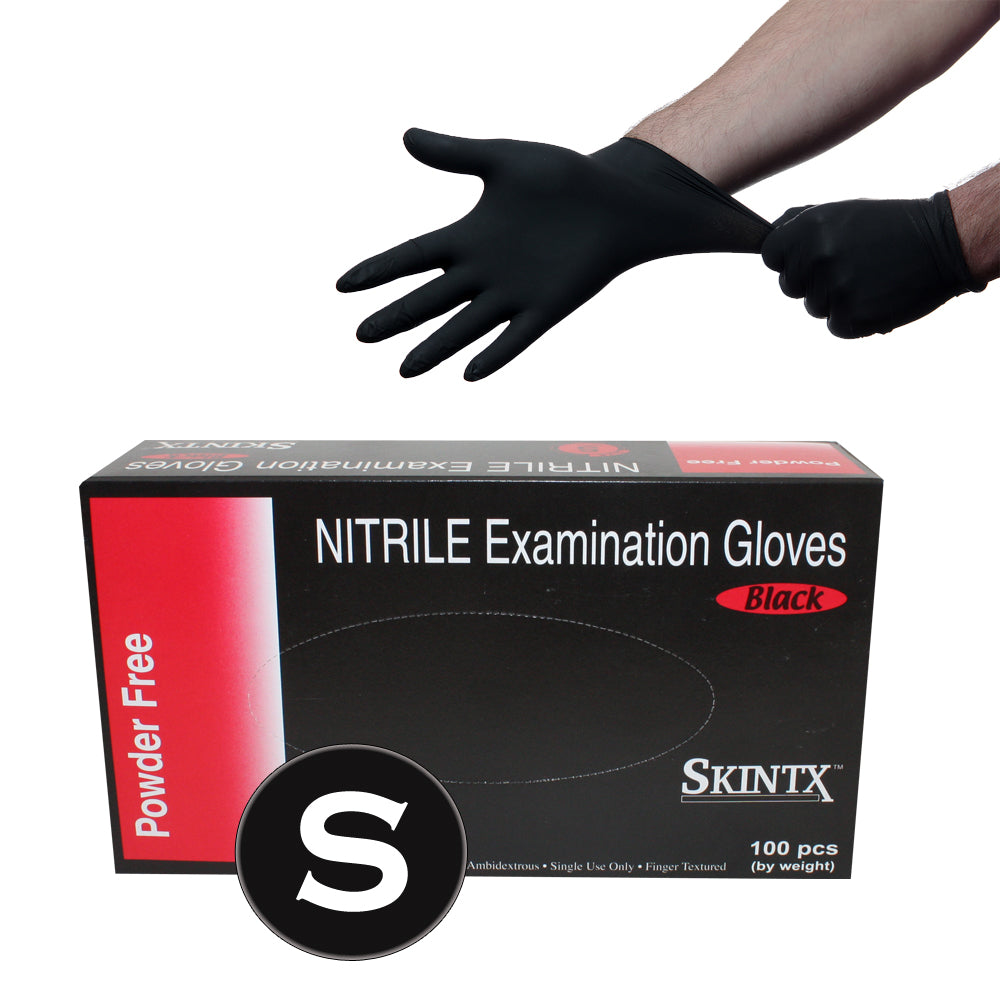 One Box (100 Gloves) - Size Small - Black Nitrile Powder Free Medical Exam Tattoos Piercing Gloves