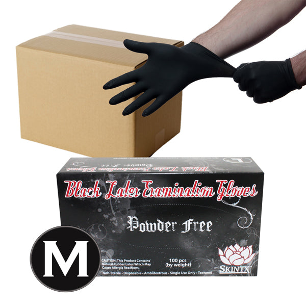 10 Boxes (1000 Gloves) - Size Medium - Black Latex Powder Free Medical Exam Tattoo Piercing Gloves