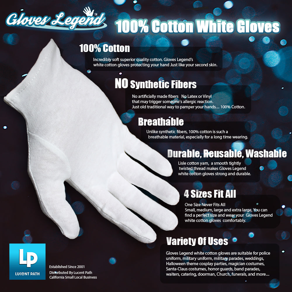 Small - 6 Pairs (12 Gloves) - Gloves Legend White Cotton Moisturizing Parade Jewelry Silver Costumes Inspection Gloves