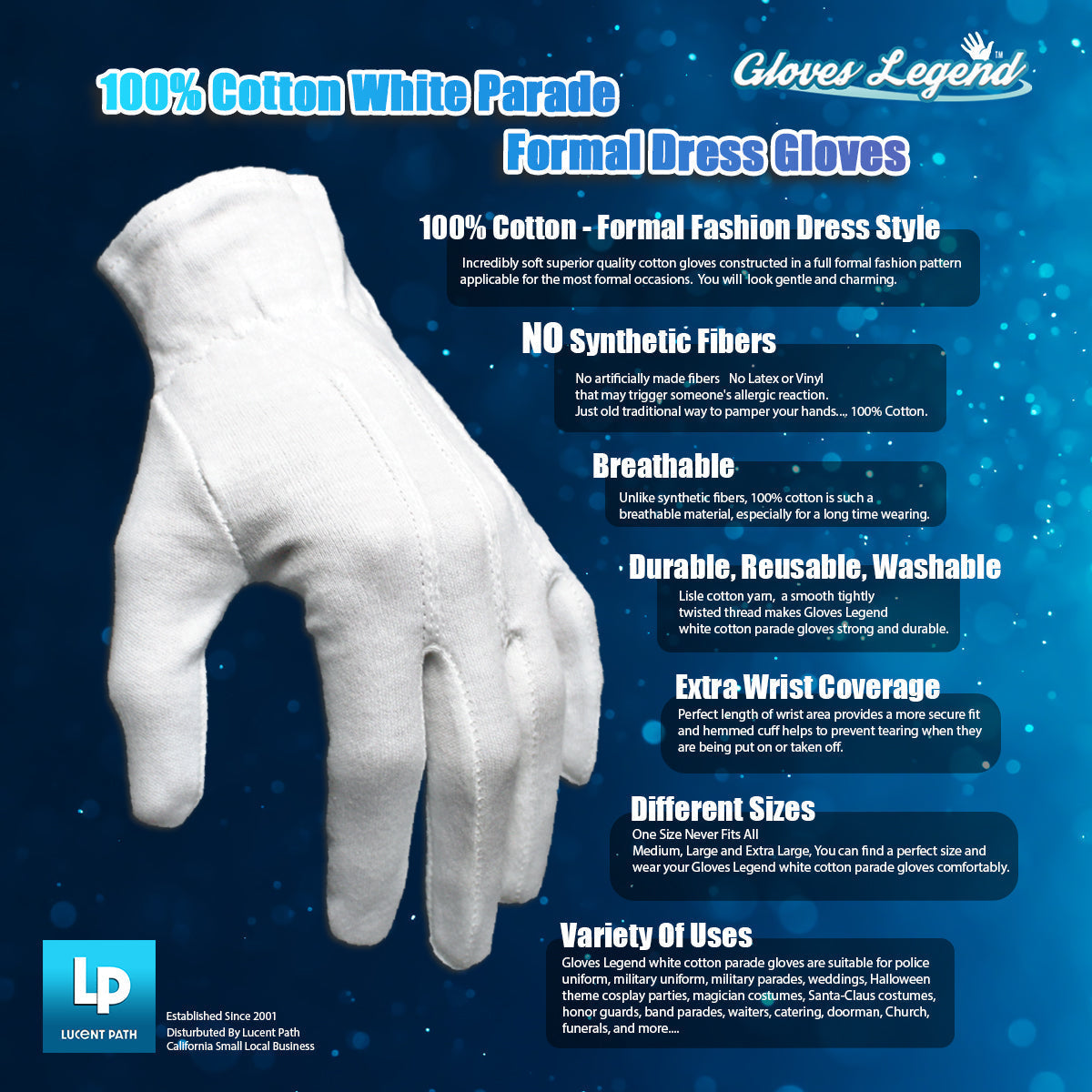 Large - 6 Pairs (12 Gloves) Gloves Legend 100% White Cotton Marching Parade Formal Dress Gloves