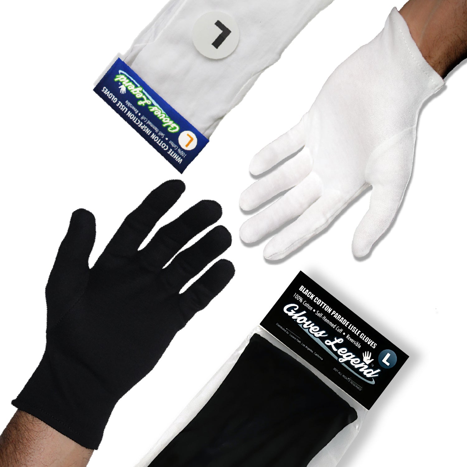 Gloves Legend Black and White Cotton Gloves - 100% Cotton Cloth Gloves - Size Large