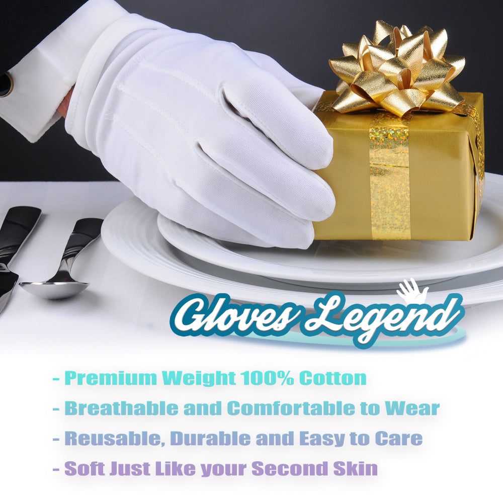 Medium - 6 Pairs (12 Gloves) Gloves Legend 100% White Cotton Marching Parade Formal Dress Gloves