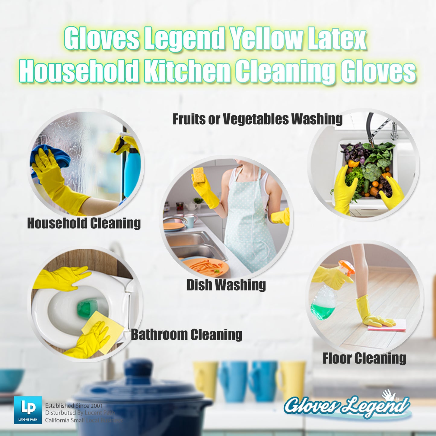 Large - 3 Pairs (6 Gloves) 12" Gloves Legend Yellow Latex Household Kitchen Cleaning Dishwashing Gloves - 18 mil