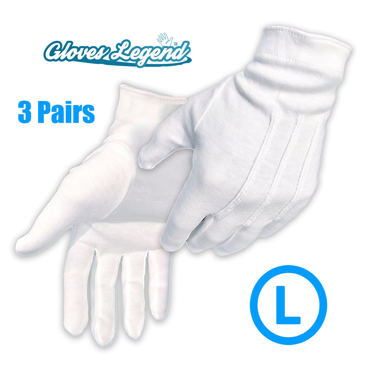 3 Pairs (6 Gloves) Size Large - Gloves Legend 100% White Cotton Marching Parade Formal Dress Gloves