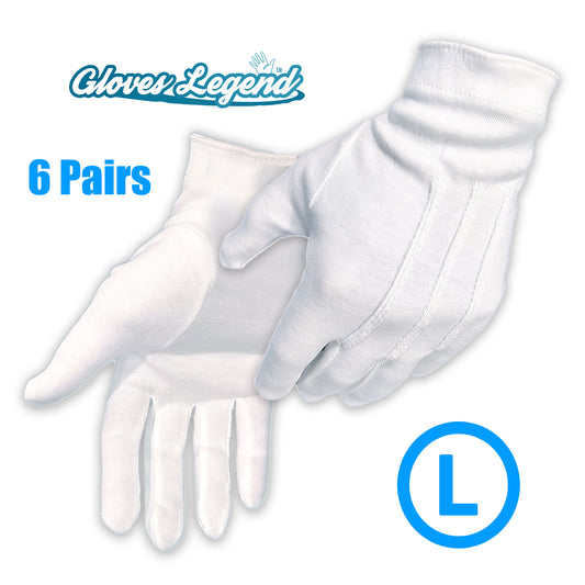 Large - 6 Pairs (12 Gloves) Gloves Legend 100% White Cotton Marching Parade Formal Dress Gloves