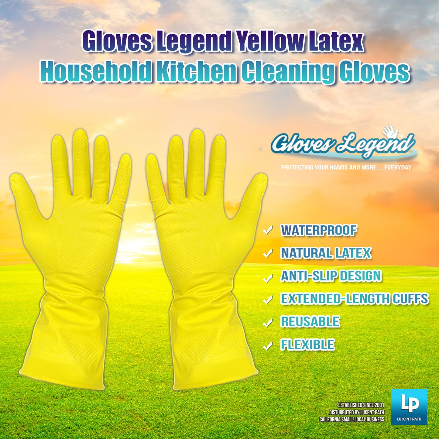 Large - 6 Pairs (12 Gloves) 12" Gloves Legend Yellow Latex Household Kitchen Cleaning Dishwashing Gloves - 18 mil
